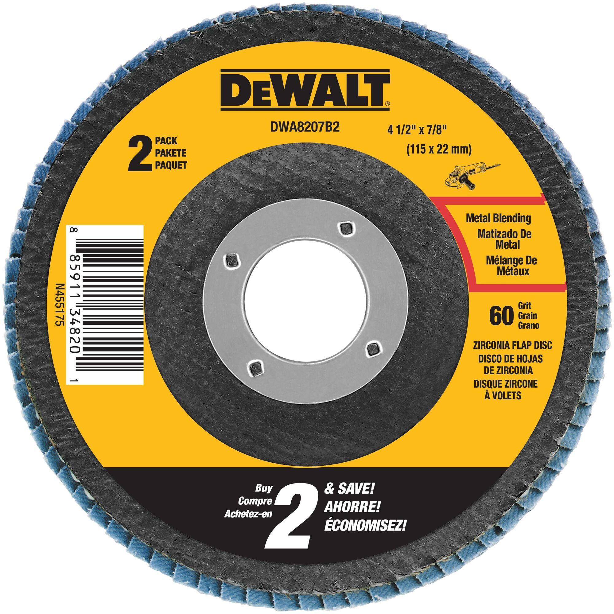 DEWALT 4-1/2in. x 7/8in. 60 Grit Zirconia Flap Discs, 2-Pk., Type 29, Model# DWA8207B2